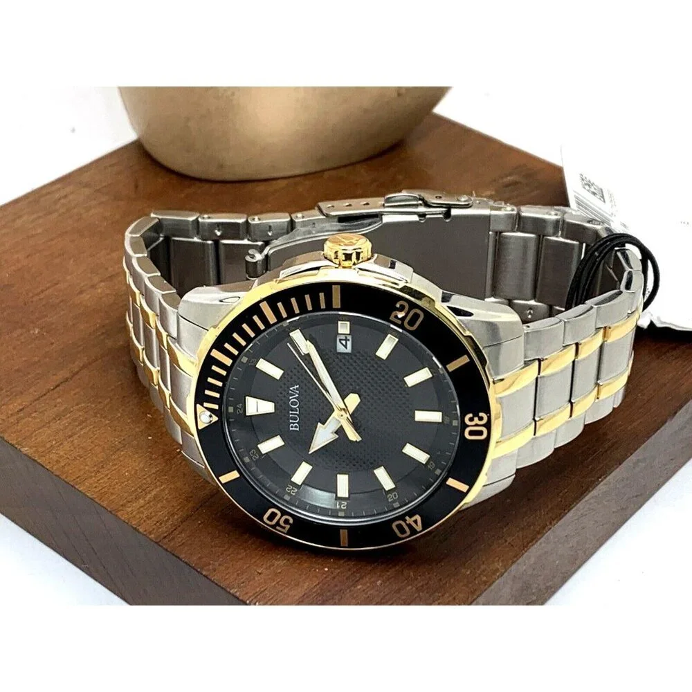 Bulova Men's Watch 98B394 Black Dial Date Quartz Two Tone Stainless Steel 44mm